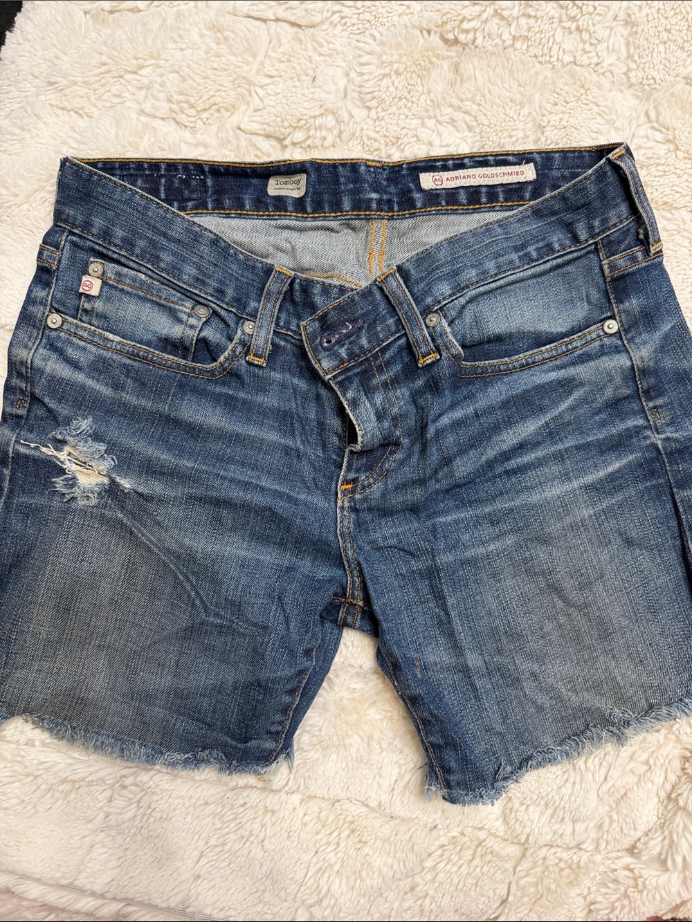 Ag Adriano Goldschmied Faded Blue Distressed Denim Shorts